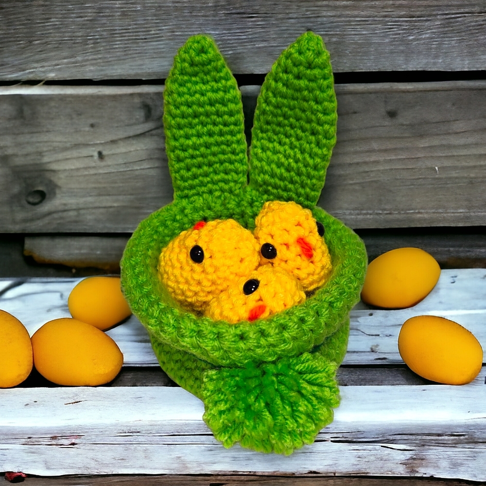 Handmade Crochet Easter Bunny Basket with Chickadees Set